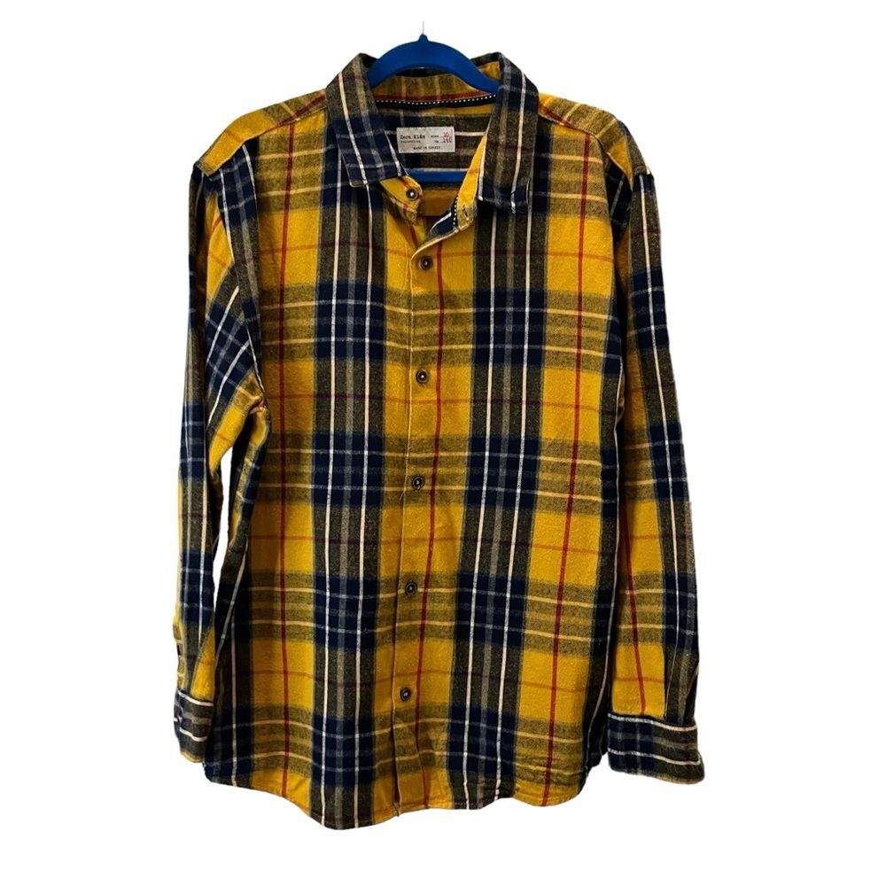Zara Kids Yellow Gold Navy Plaid Flannel Button Up Long Sleeves Kids Youth Sz 10
